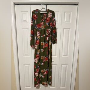 ANDREE BY UNIT Floral Long Sleeve Dress in Olive and Red